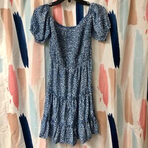 NWOT Boutique Blue and White Animal Print Smocked Short Sleeve Peasant Dress